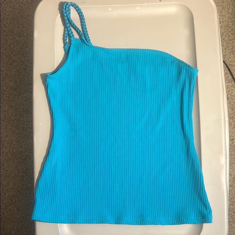 INC International Concepts Asymmetrical Ribbed Blue Tank Top